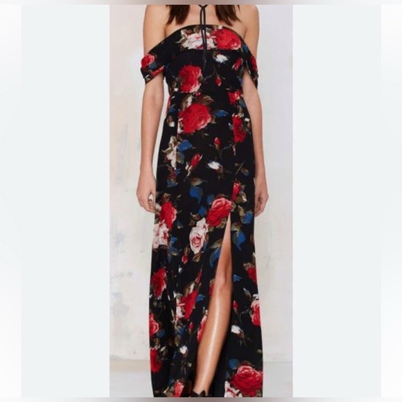 NEW Lulus I Care Black Floral Maxi Dress Off Shoulder Formal Black Red Small NWT - Picture 2 of 10
